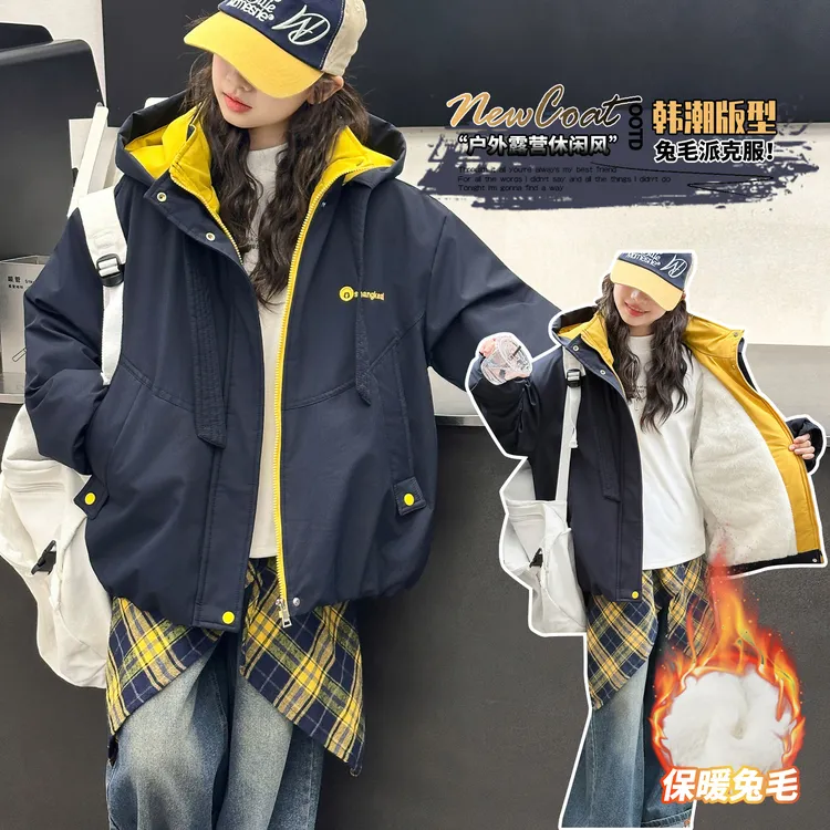 女童秋冬装夹棉加厚派克服2025新款儿童时髦棉衣外套大童连帽棉服