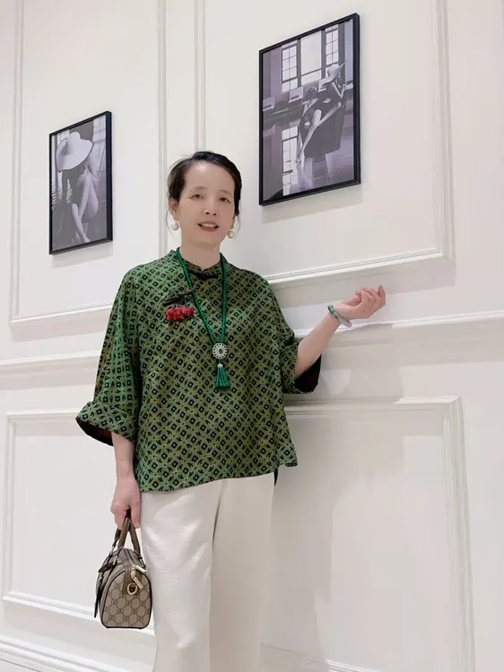 香云纱时尚提花新中式常规款秋季汉服立领上衣宽松复古绿色印花