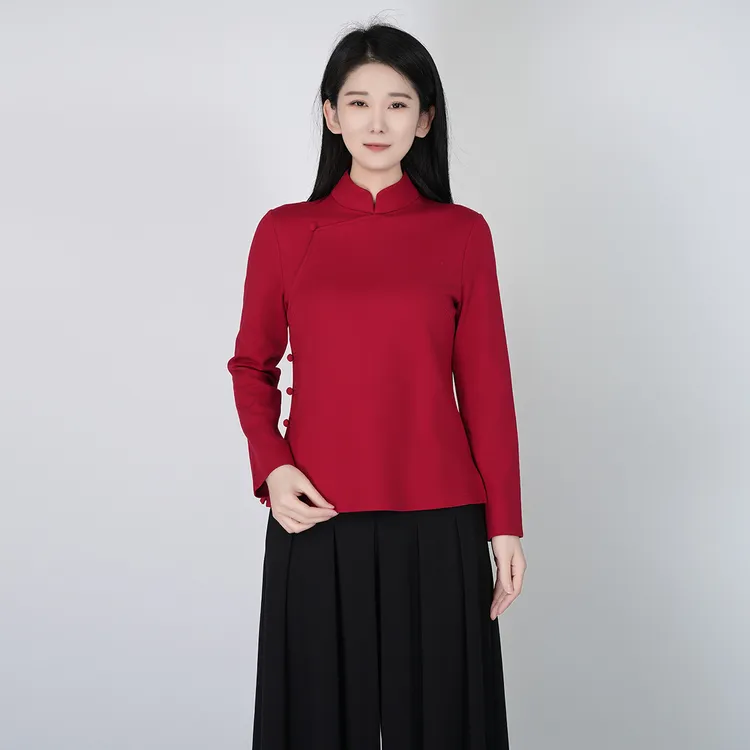 浒城古娘罗马棉国风复古立领时尚长袖T恤素隐中式上衣HAWM051152