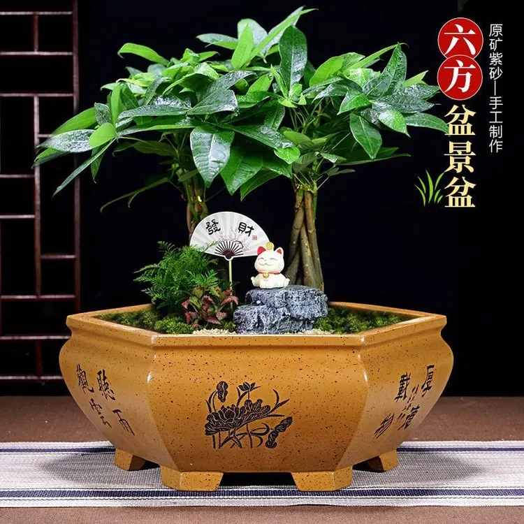 紫砂六方花盆大口径六角盆景花盆大号种树阳台专用陶瓷花盆清仓大