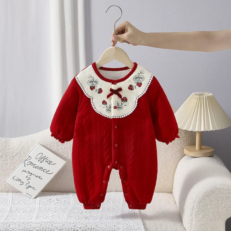 冬装女宝宝外出衣服加绒加厚婴幼儿连体衣冬季爬服针织红色哈衣