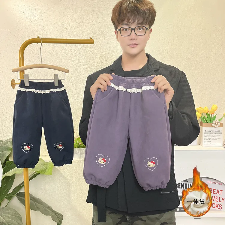 加绒裤子2025秋冬猫咪加绒裤中小童女韩版大花朵可爱一体绒休闲裤