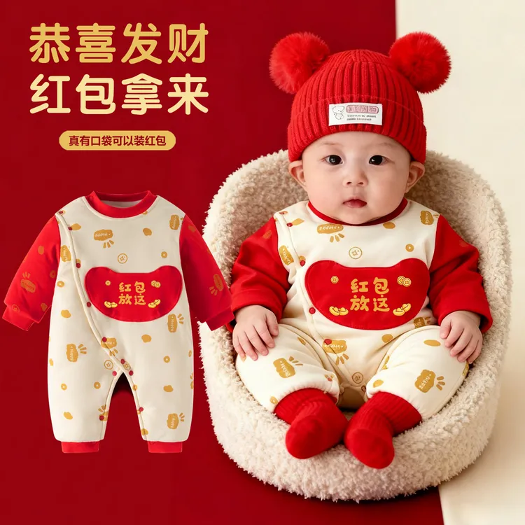 婴儿拜年服蛇马年宝宝新年装加绒加厚收红包放这拿来连体衣冬季装