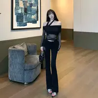 Liuu嘻嘻阿韩版水洗丰胯喇叭裤女秋季百搭时尚显腿长中高腰牛仔裤