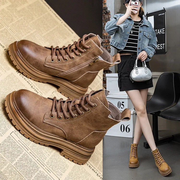 真皮马丁靴女款2025秋冬加绒短靴百搭户外爆款单靴厚底增高靴子