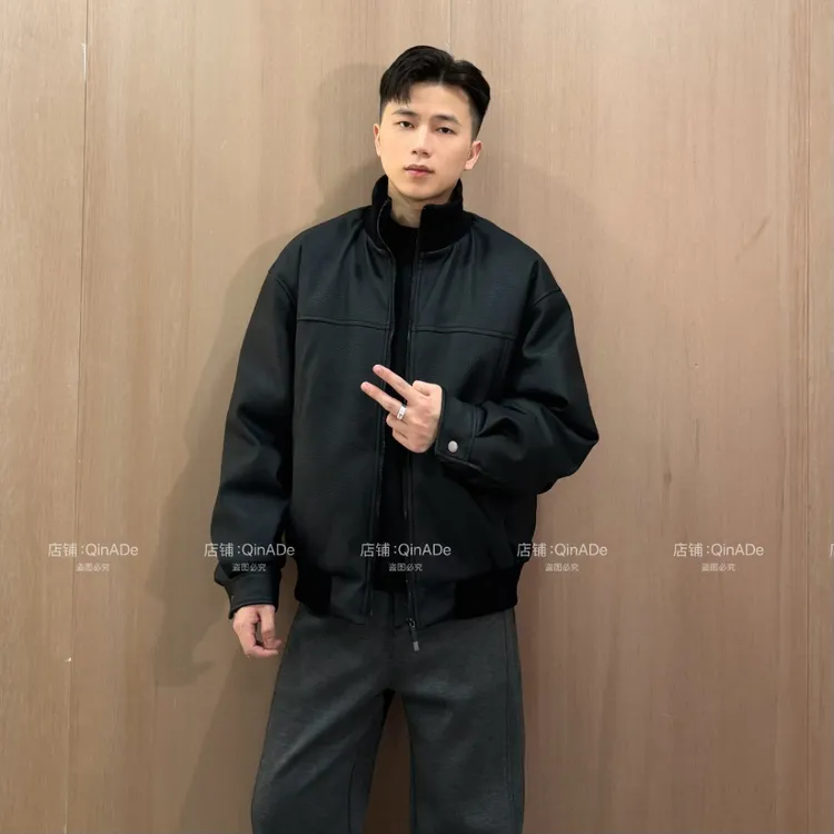 QinADe冬季美式硬核纹理感皮衣羽绒服90白鸭绒保暖立领外套男上衣