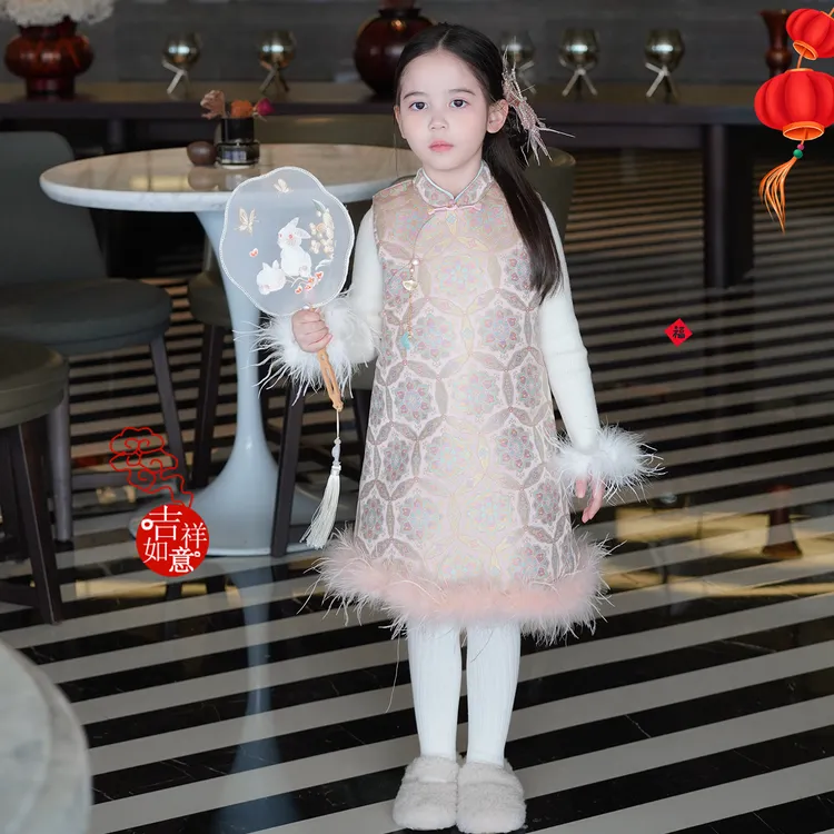 AnnieGirl新年女童甜美织锦缎年服夹棉冬季毛毛拼接旗袍裙连衣裙