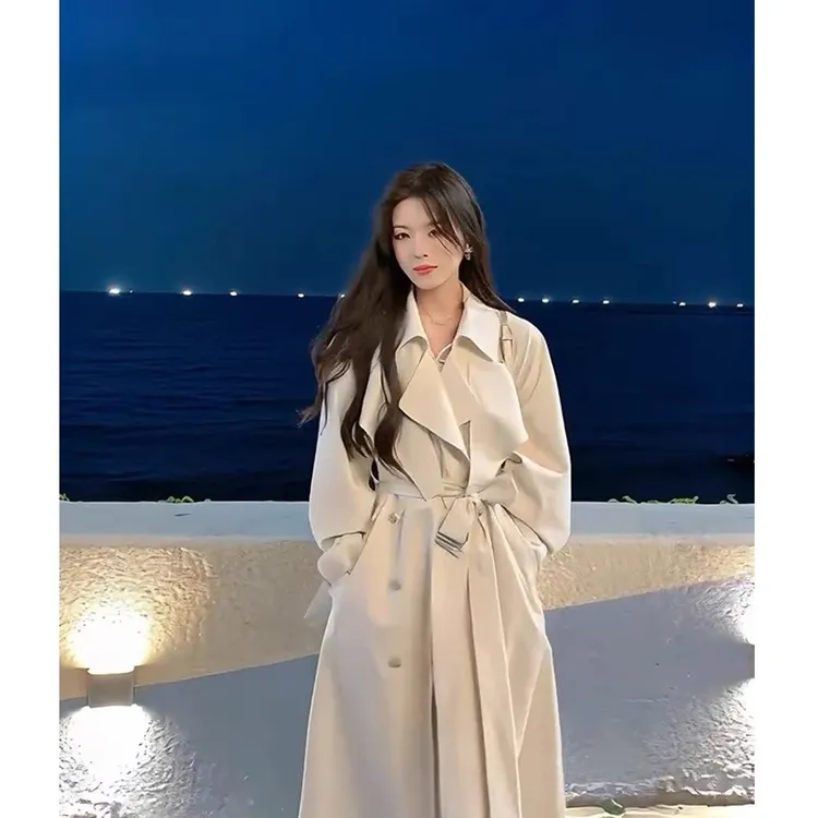高级感白色风衣外套女2025秋季新款中长款韩系垂感英伦小个子大衣