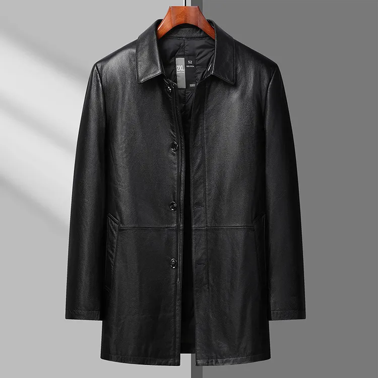 2025年轻奢中老年男士牛皮外套胖子大码桑蚕丝内胆中长款真皮皮衣