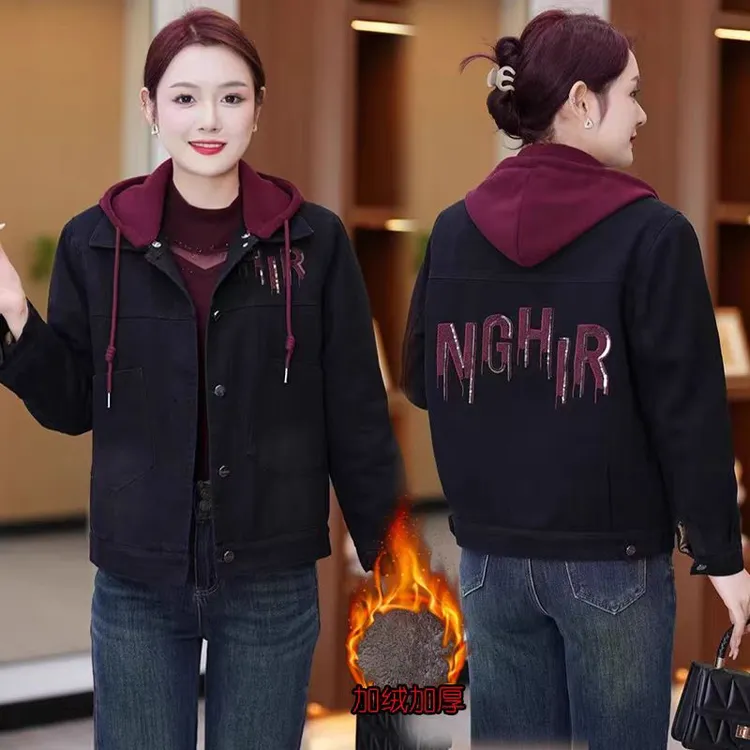 冬季连帽外套女保暖中年妈妈短外套韩版显瘦秋冬季加厚百搭上衣