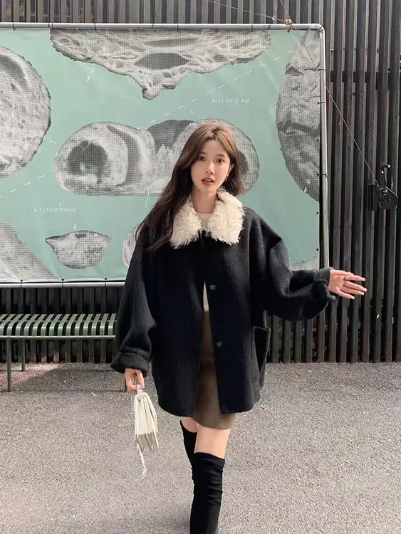 韩系温柔风毛绒领黑色毛呢外套女秋冬百搭宽松大衣2625