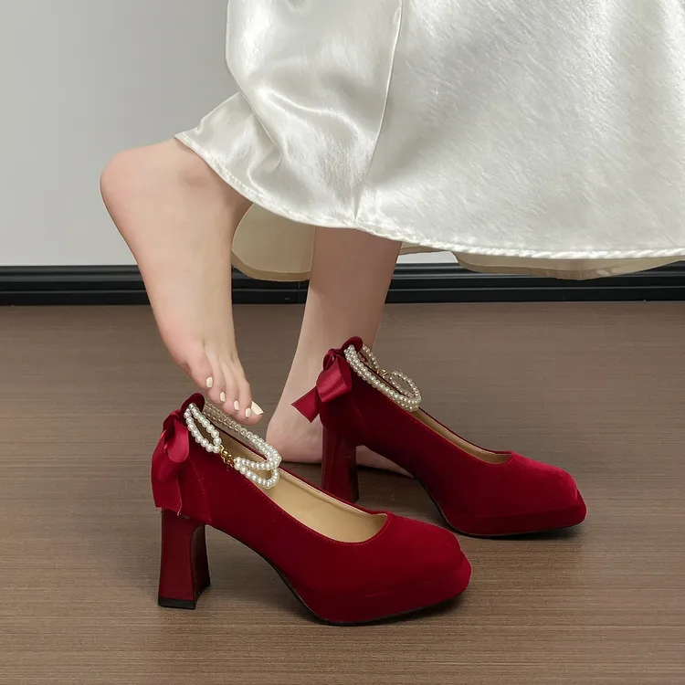 羊皮版~ 红色婚鞋女搭配秀禾服订婚增高鞋玛丽珍伴娘鞋新娘高跟鞋
