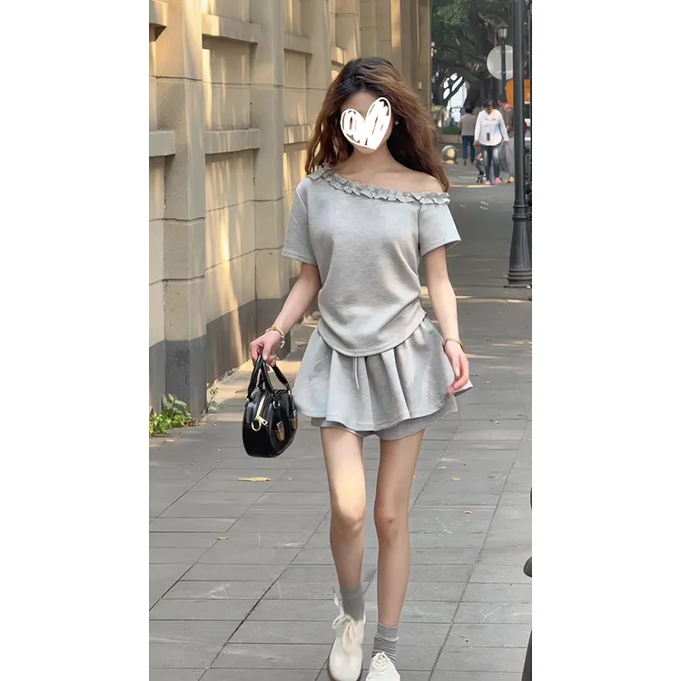纯欲性感木耳边露肩短袖t恤夏季修身短款辣妹上衣半身裙短裙套装