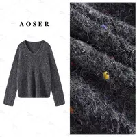AOSER休闲极简风V领补花亮片长袖女装毛衣时尚百搭毛衣5233