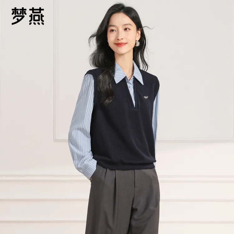 梦燕春秋女长袖条纹针织翻领小衫百搭假两件休闲上衣AA03B5033D
