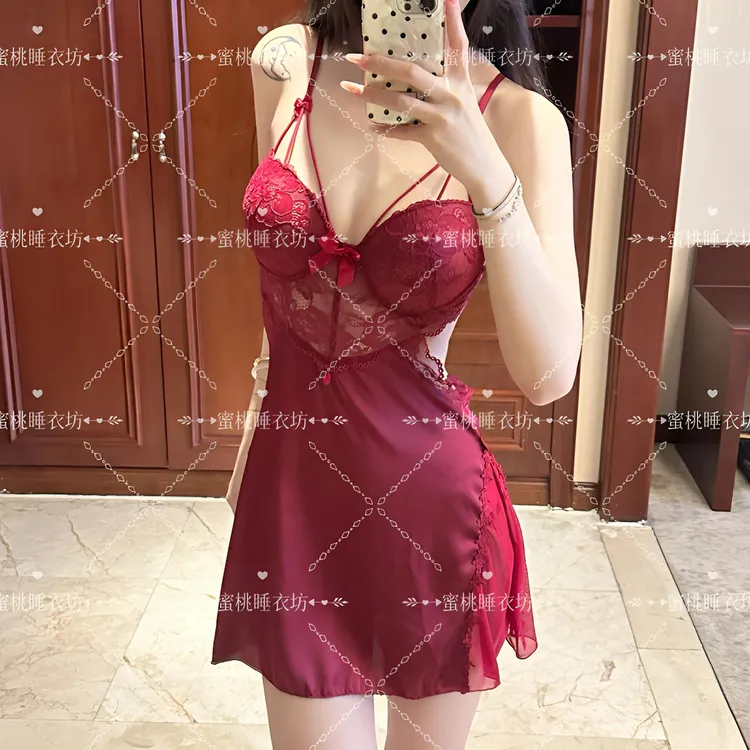 【蜜桃】法式性感带胸垫带钢圈甜美睡裙禁欲系火辣睡裙