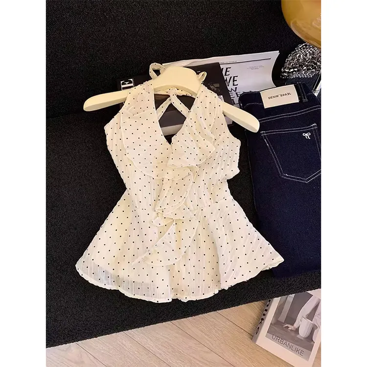 辣妹荷叶边挂脖波点背心女夏季2025海边度假风吊带无袖裙摆小上衣