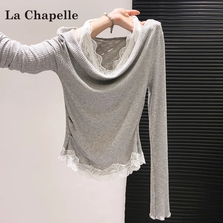 拉夏贝尔灰色挂脖长袖t恤女秋季2025新款蕾丝假两件内搭打底上衣