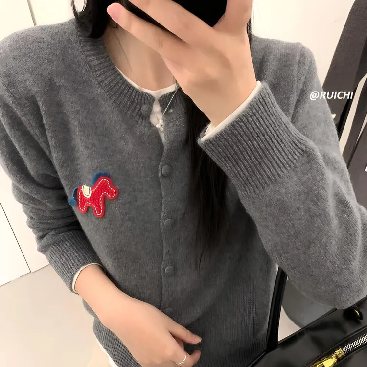 韩系休闲风2025秋冬新款圆领小马刺绣纯色百搭毛衣针织开衫外套女