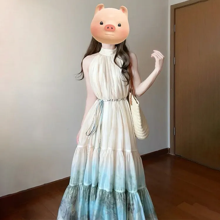 【现货+运补】新中式国风挂脖吊带连衣裙三亚海边度假气质长裙4281