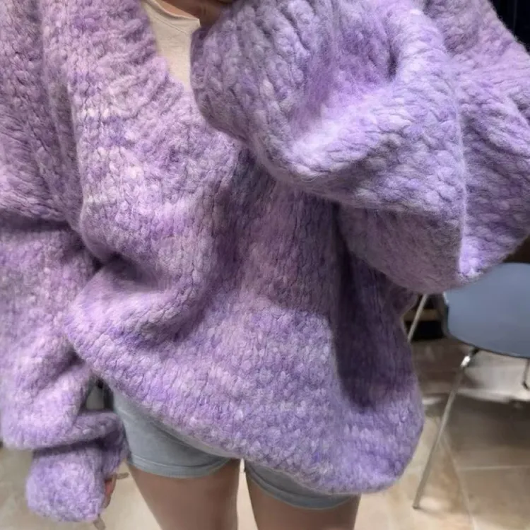 模特自留秋冬新款 氛围感慵懒宽松厚实紫色毛衣女