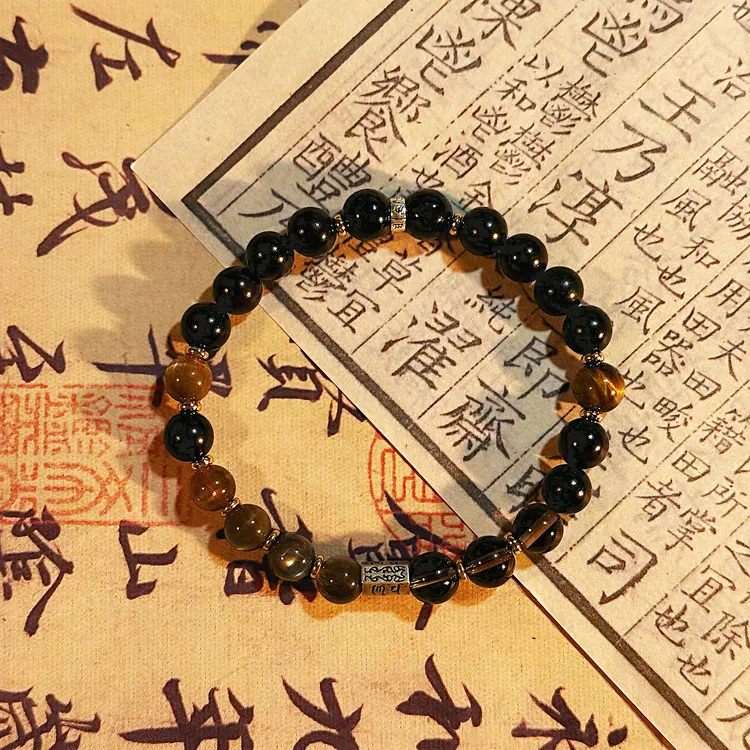 幽木映金中国风水晶檀木手串-8mm/手围可定制/黑金骨干金运石黑檀