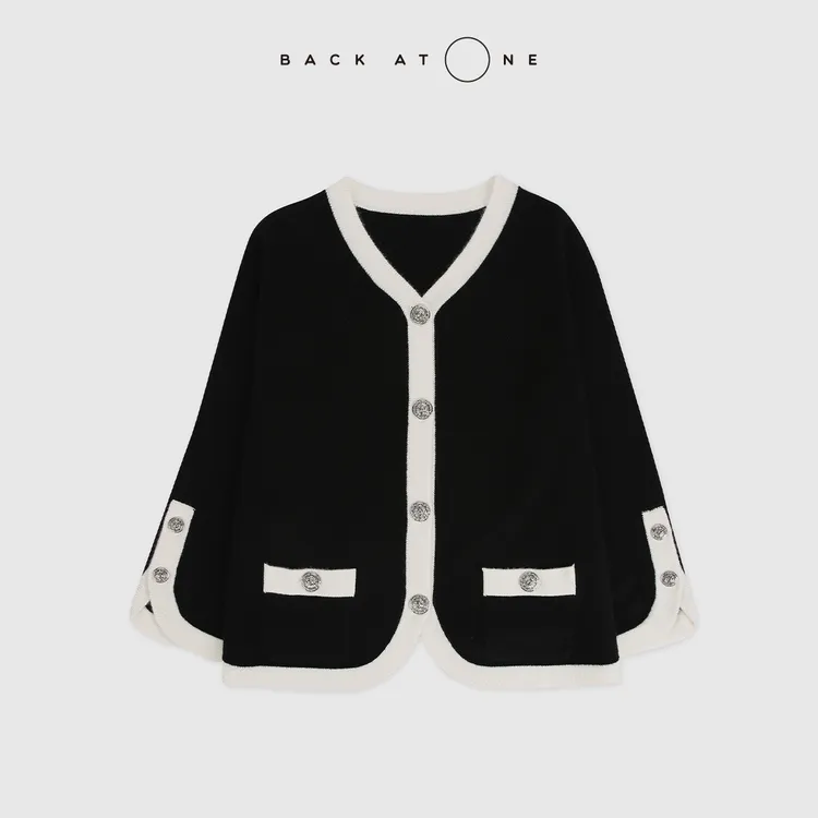 BackAtOne“经典香氛”羊绒小香黑色白边V领针织开衫 BEF-1AS316H-K