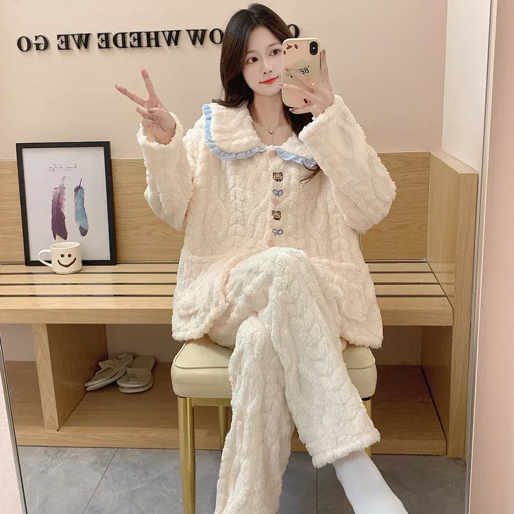 秋冬睡衣女长袖长裤韩版ins风卡通冬季珊瑚绒保暖少女家居服套装