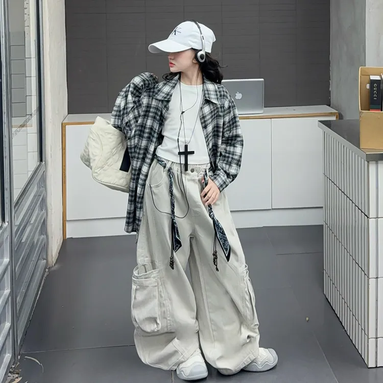 【嘻嘻柚】女童秋款格子衬衫工装裤套装2025新款潮酷街舞休闲表演服