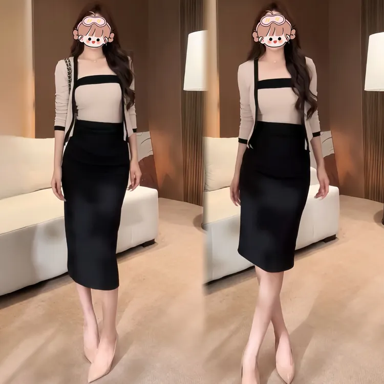 春季简约气质千金风韩版时尚洋气撞色针织开衫女高腰显瘦半身裙