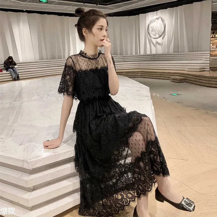 夏季2025新款网纱拼接收腰中长款蕾丝短袖连衣裙女温柔仙女裙
