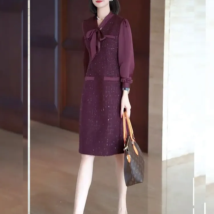 轻奢气质飘带连衣裙女装大码胖MM优雅小香风裙子2025年秋季中长裙