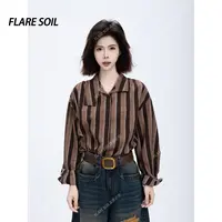 【FLARE SOIL】竖条纹秋季宽松型衬衫条纹印花长袖休闲上衣 T4707A