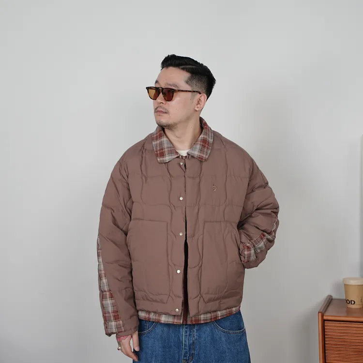 25FW秋冬季复古格纹撞色羽绒服港风假两件拼接休闲夹克羽绒服