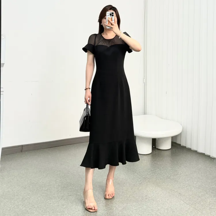 【荷包蛋】优雅小黑裙夏季欧根纱拼接长短款黑色连衣裙收腰显瘦气质