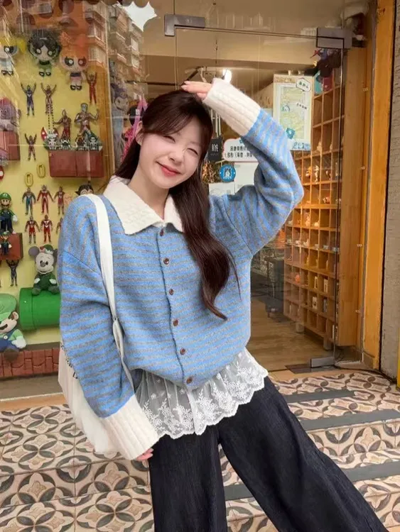 时尚洋气韩版条纹毛针织衫常规上衣女百搭针织厚款