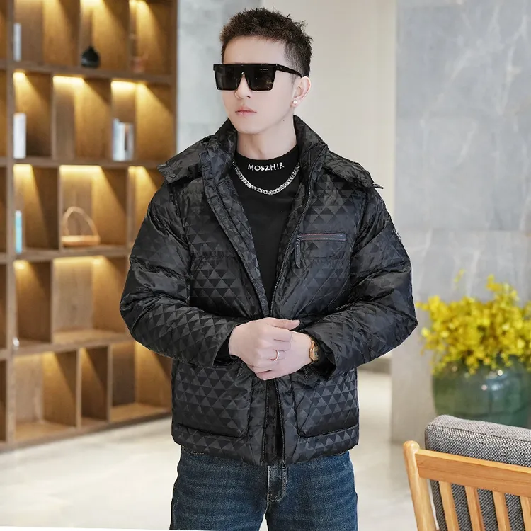 【清福利】冬季潮牌提花羽绒服男时尚可拆卸袖子立领白鸭绒连帽外套