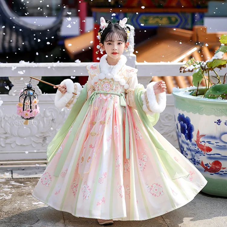 99571JR女童古风襦裙飘逸冬季加绒中国风仙气精致软糯连衣裙子