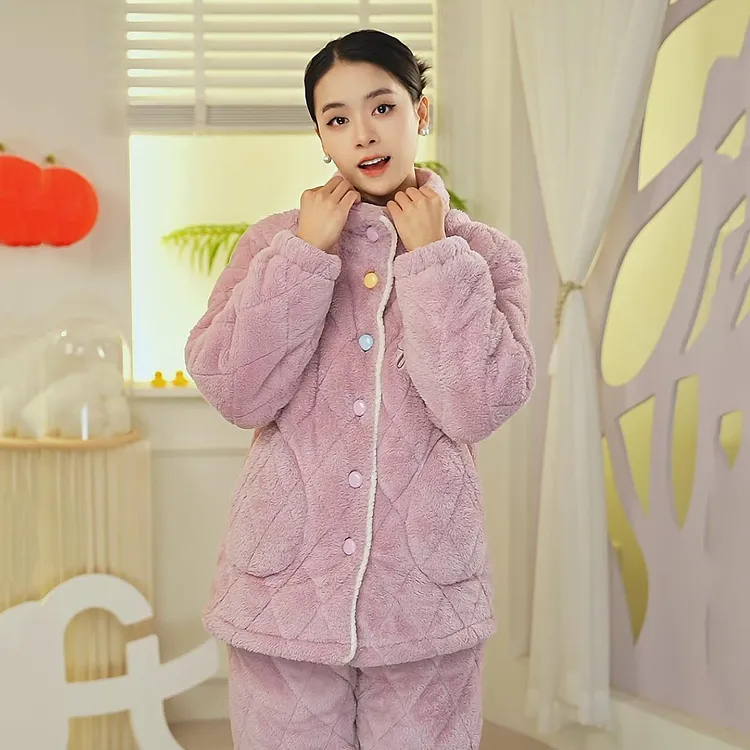 芬腾【温暖夹棉】秋冬立领加厚防静电绒软女士家居服睡衣长袖套装女