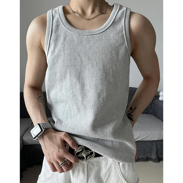 灰色美式重磅螺纹背心男款夏季坎肩无袖t恤复古运动健身跨栏汗衫