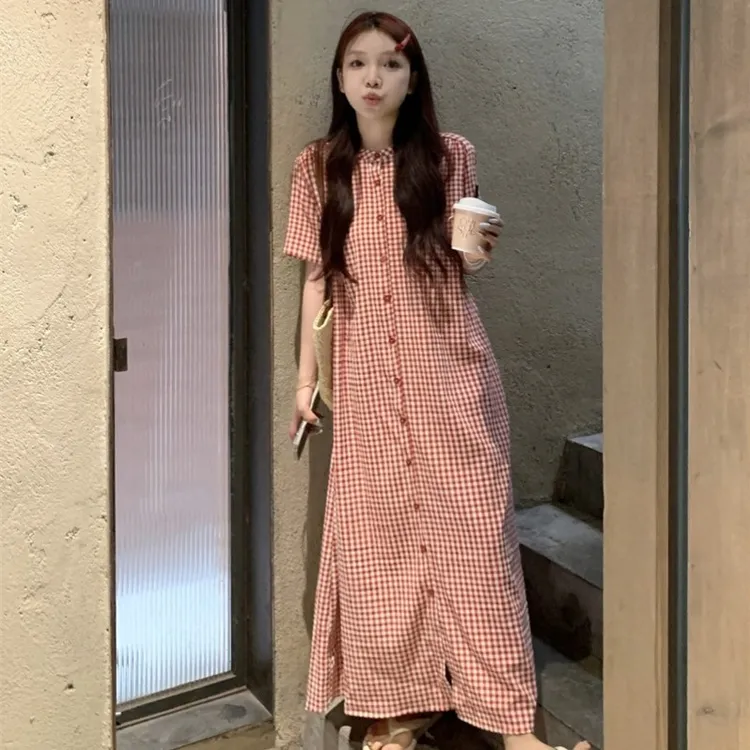 2025夏季新款日系复古学院风立领气质宽松显瘦单排扣过膝短袖长裙