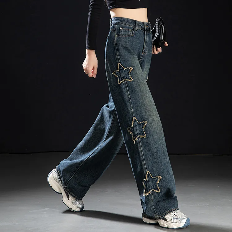 美式高街复古阔腿牛仔裤女秋冬2025新款高腰毛边星星直筒加绒裤子