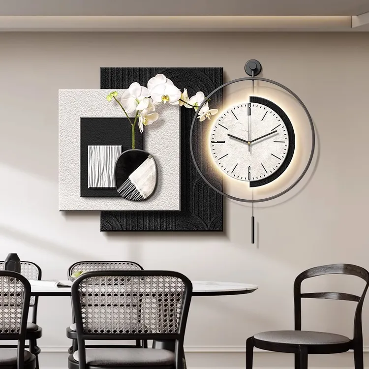 简约餐厅装饰画黑白高级感饭厅餐桌背景墙钟表挂钟侘寂风立体挂画