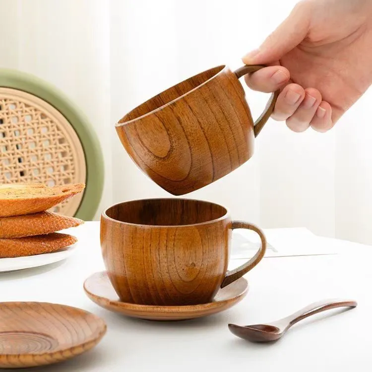 酸枣木家用喝水杯泡燕麦牛奶马克杯大容量早餐杯带勺办公室咖啡杯