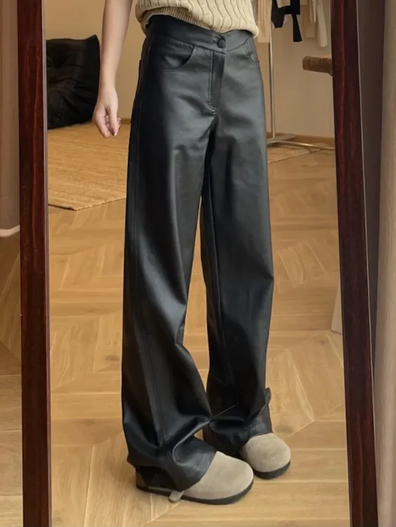 高腰直筒显瘦黑色磨毛皮裤秋女宽松百搭阔腿休闲拖地长裤AM25668