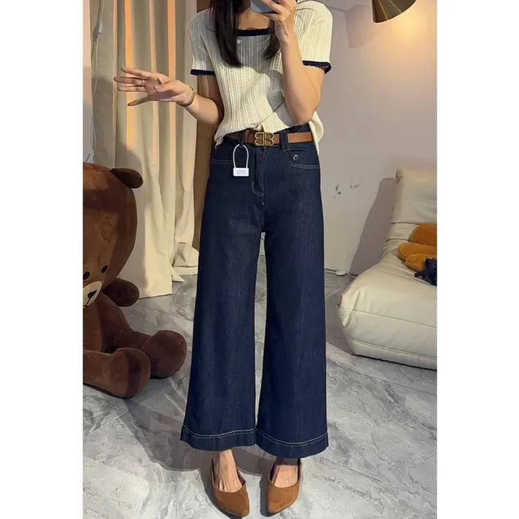 夏季高腰休闲牛仔裤女夏季洋气百搭显瘦痞帅九分阔腿裤