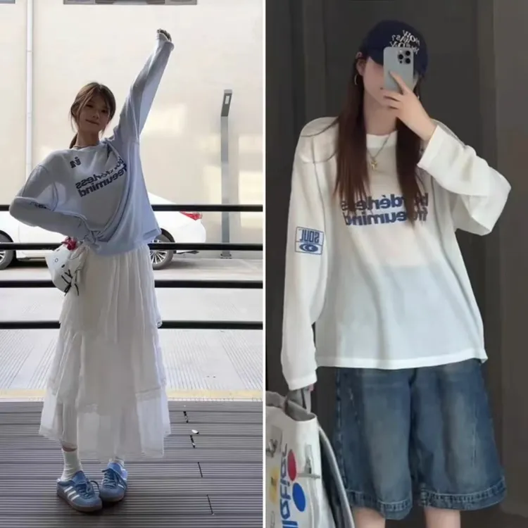 韩系高个（露思同款）母印花夏季圆领2025韩版字母长袖宽松T恤女