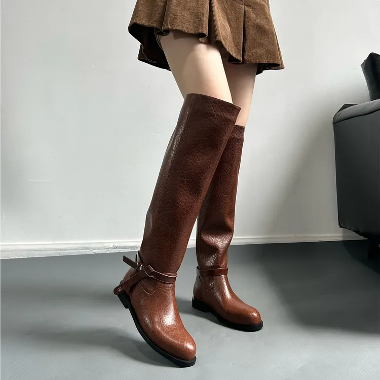 【柒柒】2cm/牛皮/复古时尚低跟过膝靴女日常百搭圆头高筒骑士靴