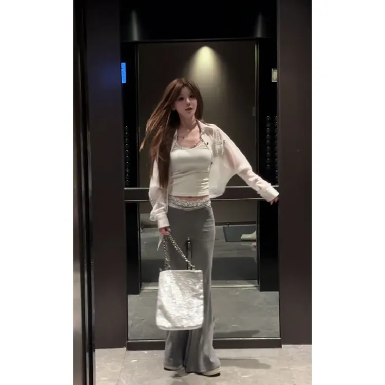 韩系甜美少女2025夏季新款性感背心上衣显瘦开衫配休闲长裤三件套