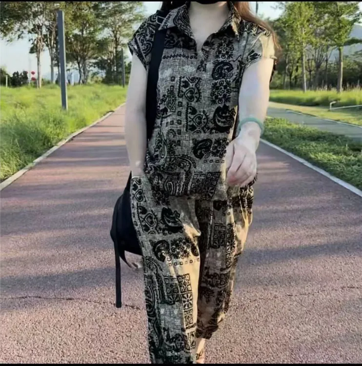 夏季大码遮肉显瘦时尚休闲宽松洋气减龄女士小衫加裤子套装